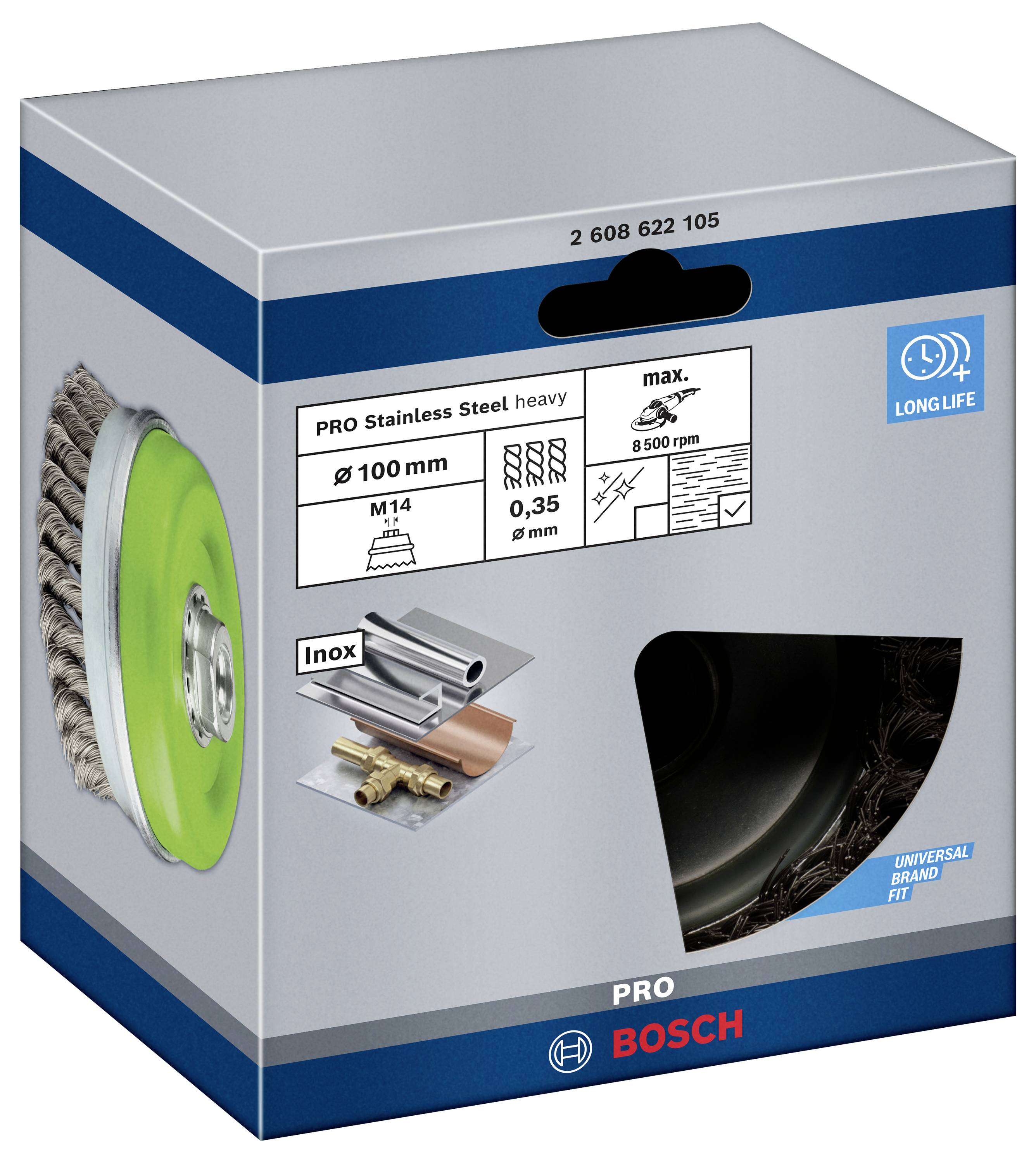 Bosch Accessories Topfbürste, Edelstahl, gezopfter Draht, 100 mm, 0,35 mm, 8500 U/ min, M14 2608622105 1 St.