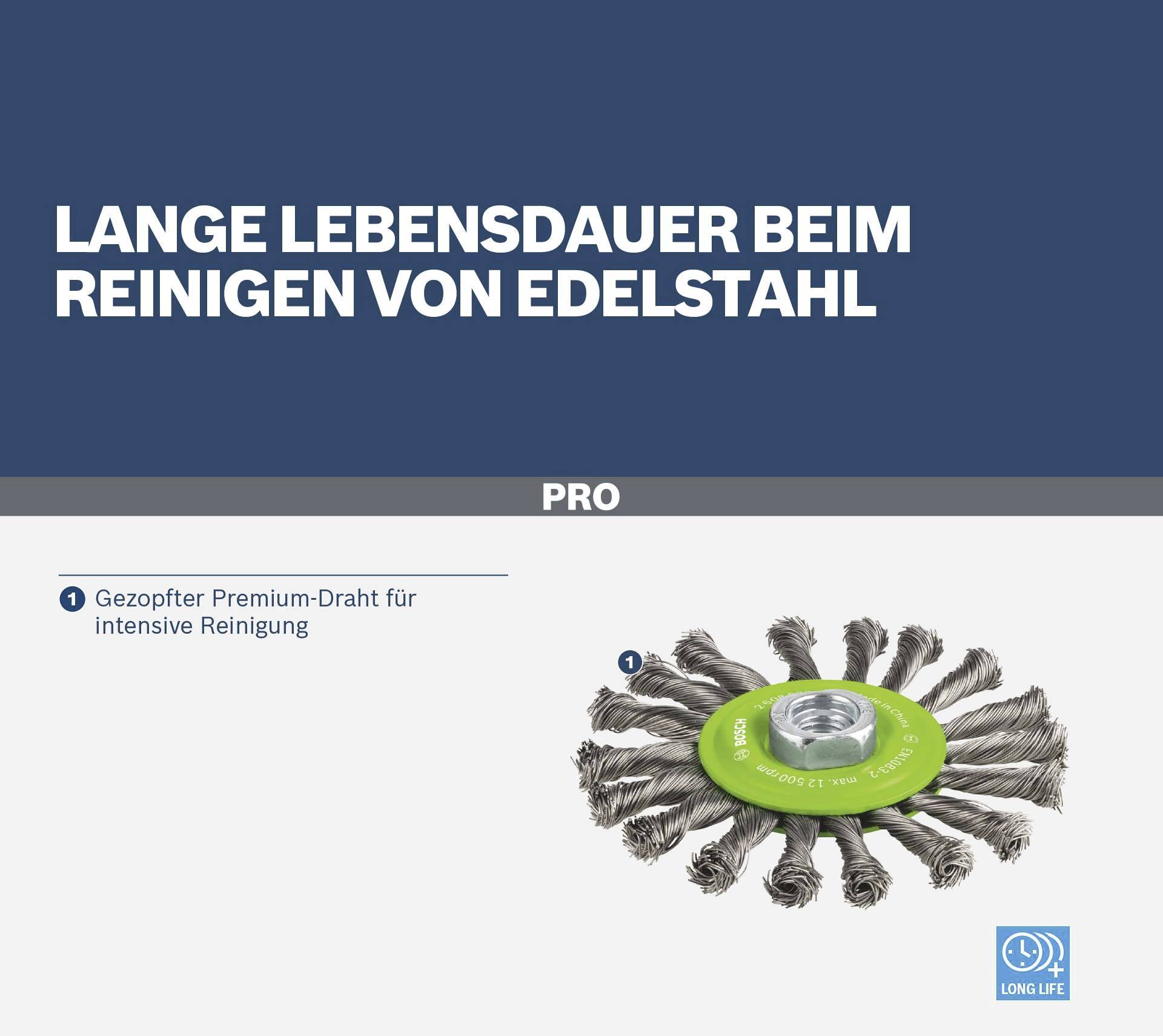 Bosch Accessories Scheibenbürste, gezopft, rostfrei, 115 mm, 0,5 mm, 12500 U/ min, M14 2608622106 1St.