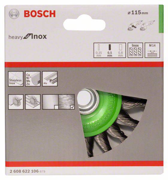 Bosch Accessories Scheibenbürste, gezopft, rostfrei, 115 mm, 0,5 mm, 12500 U/ min, M14 2608622106 1St.