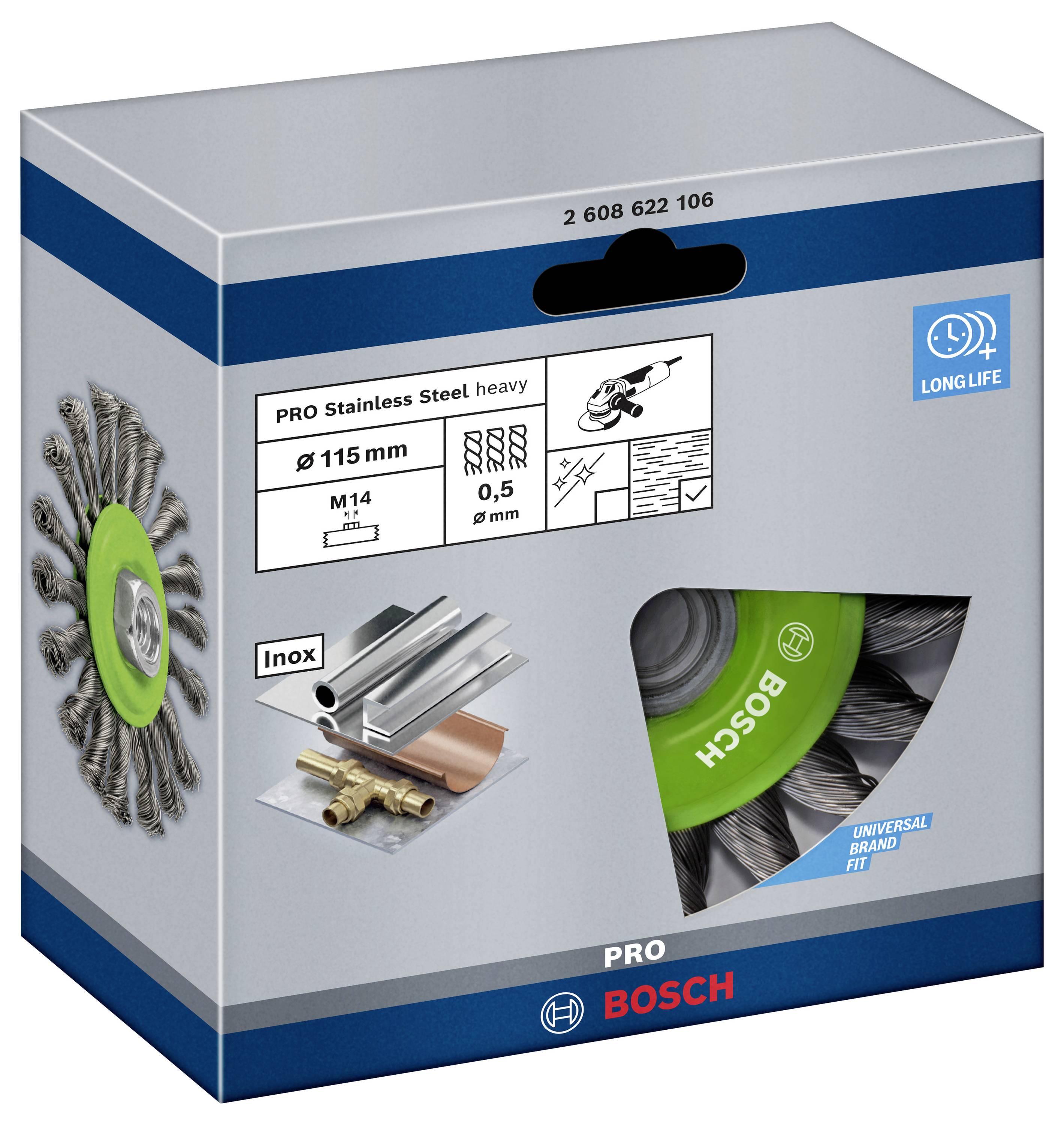 Bosch Accessories Scheibenbürste, gezopft, rostfrei, 115 mm, 0,5 mm, 12500 U/ min, M14 2608622106 1 St.