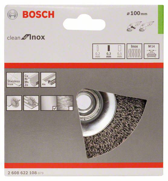 Bosch Accessories Kegelbürste Clean for Inox, gewellt, rostfrei, 100 mm, 0,35 mm, 12500 U/min, M14 2608622108 1St.