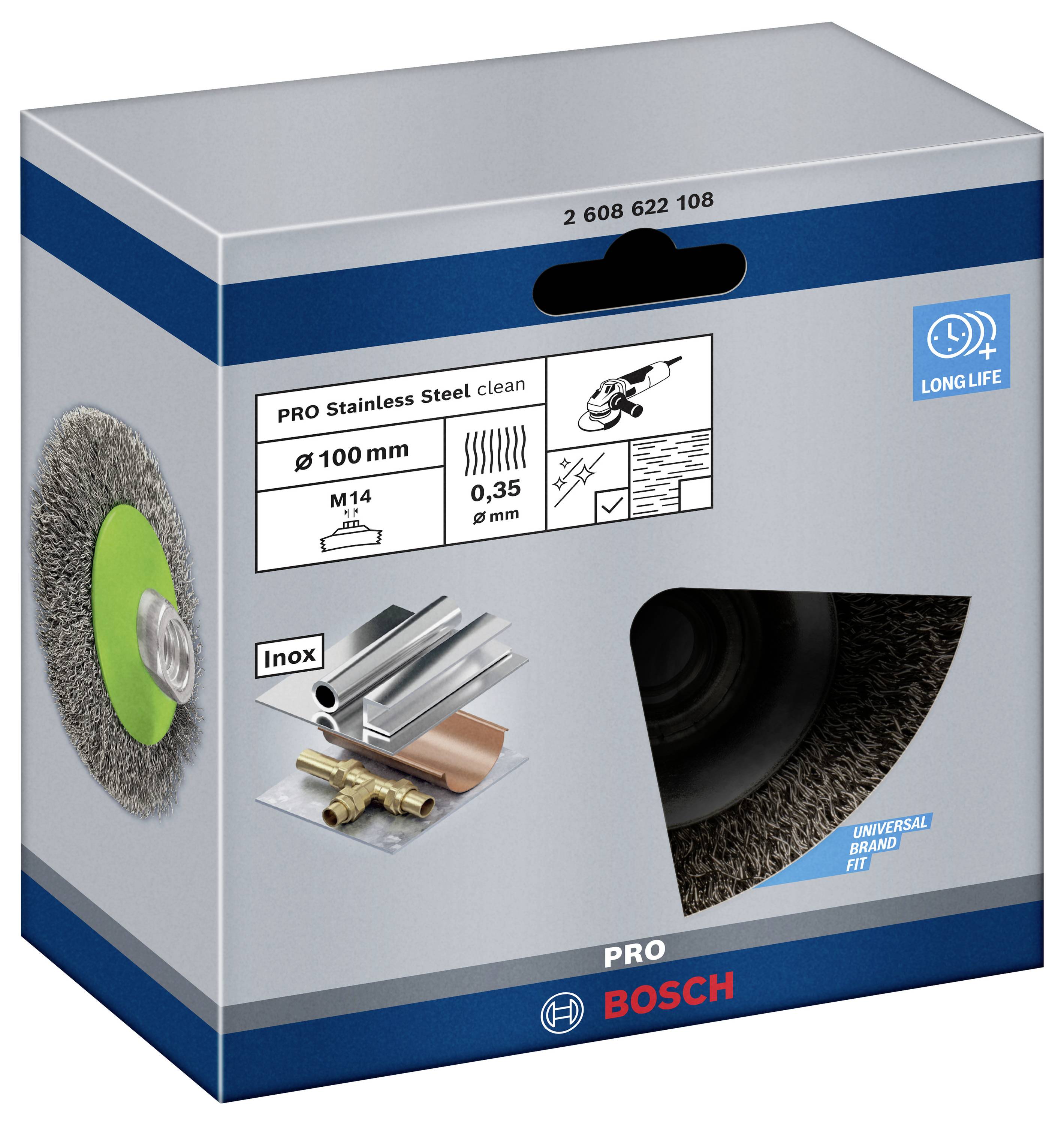 Bosch Accessories Kegelbürste Clean for Inox, gewellt, rostfrei, 100 mm, 0,35 mm, 12500 U/min, M14 2608622108 1 St.