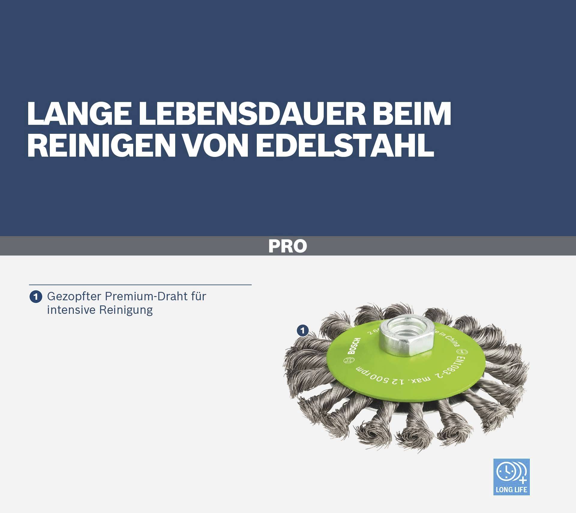 Bosch Accessories Kegelbürste Heavy for Inox, gezopft, rostfrei, 115 mm, 0,35 mm, 12500 U/min, M14 2608622109 1 St.