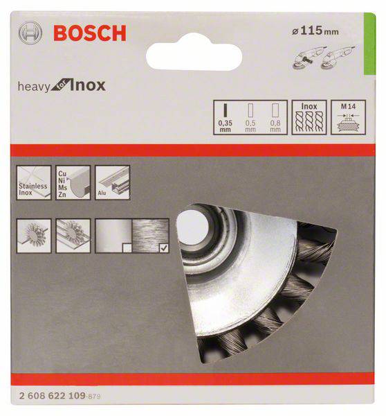 Bosch Accessories Kegelbürste Heavy for Inox, gezopft, rostfrei, 115 mm, 0,35 mm, 12500 U/min, M14 2608622109 1 St.