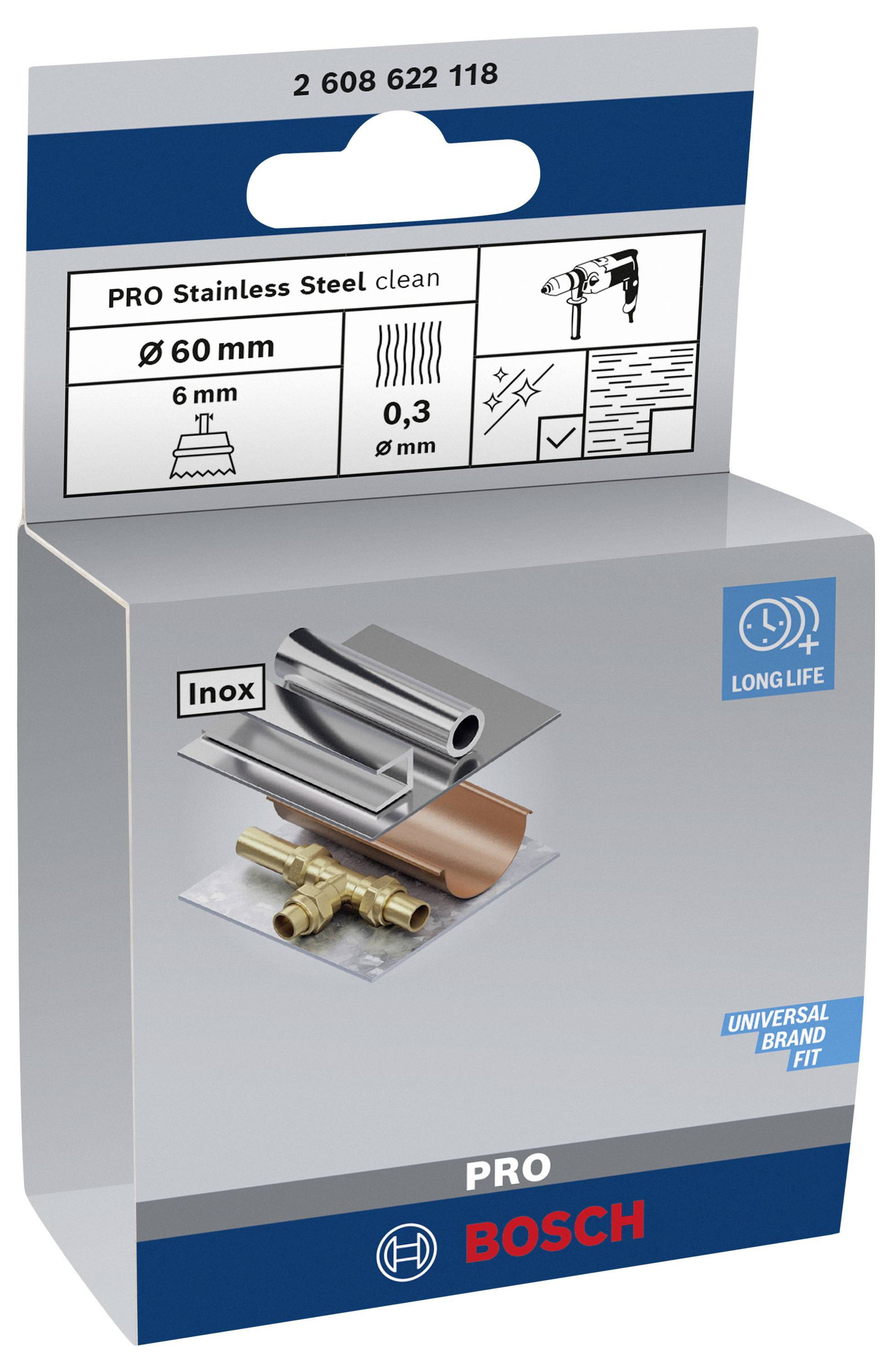 Bosch Accessories Topfbürste, Edelstahl, gewellter Draht, 60 mm, 0,3 mm, 4500 U/min Schaft-Ø 6 mm 2608622118 1 St.