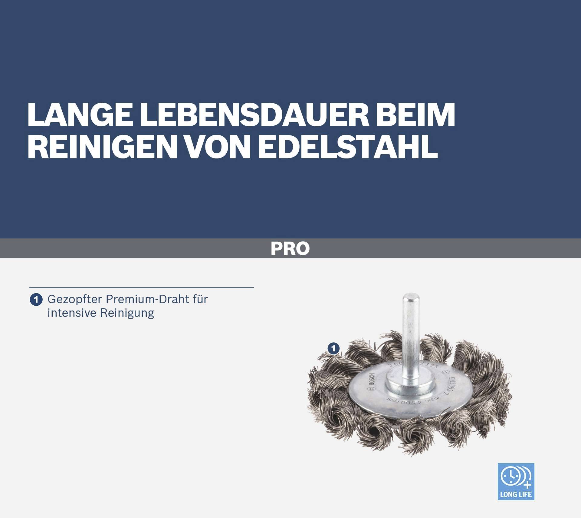 Bosch Accessories Scheibenbürste, gezopft, rostfrei, 70 mm, 0,35 mm, 14 mm, 4500 U/ min Schaft-Ø 6 mm 2608622125 1 St.