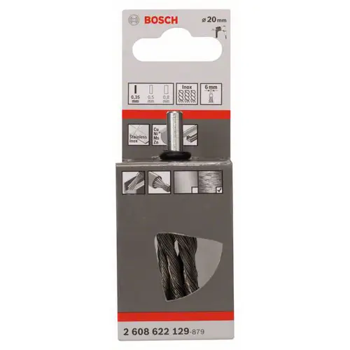 Bosch Accessories Pinselbürste, gezopft, rostfrei, 0,35 mm, 19 mm, 4500 U/ min 2608622129 1St. Bosch Accessories Pinselbürste, gezopft, rostfrei, 0,35 mm, 19 mm, 4500 U/ min 2608622129 1St.