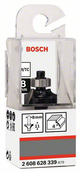 Verpackung eines Bosch Fräsers, 8 mm HM/TC, kompatibel für Holzbearbeitung. Enthält Abbildung des Fräsermodells und Anwendungshinweise.