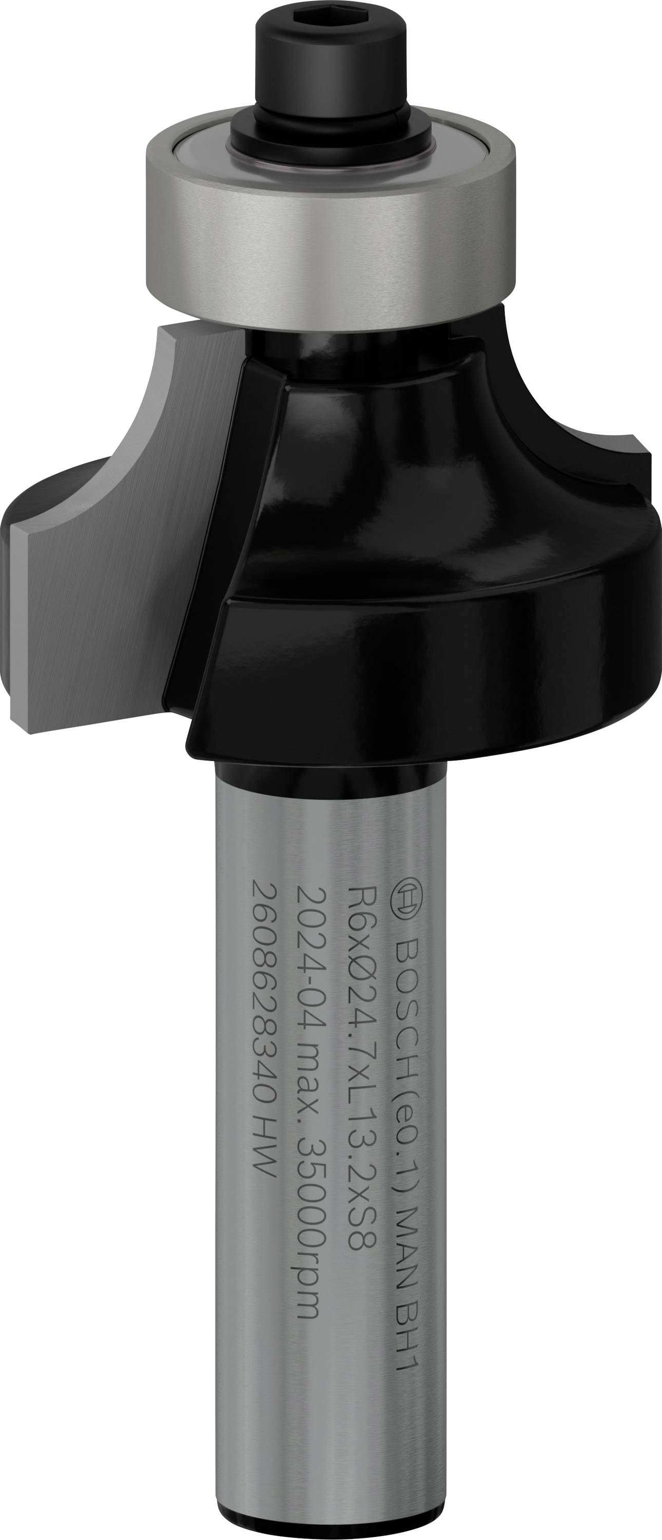 Fräser mit schwarzem Kopf und grauem Schaft, Beschriftungen zeigen Modellnummer und Spezifikationen. Hauptwerkzeug für Holzbearbeitung.