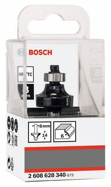 Verpackte 'Bosch' Fräserspitze. Fräser Ø 8 mm, Schaft 8 mm, Radius 1/4 Zoll. Abbildung der Fräserform auf der Verpackung.