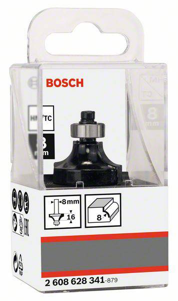 Bosch Verpackung mit Oberfräser. Werkzeug mit 8 mm Durchmesser. Enthält Produktdetails und technische Spezifikationen auf der Box.