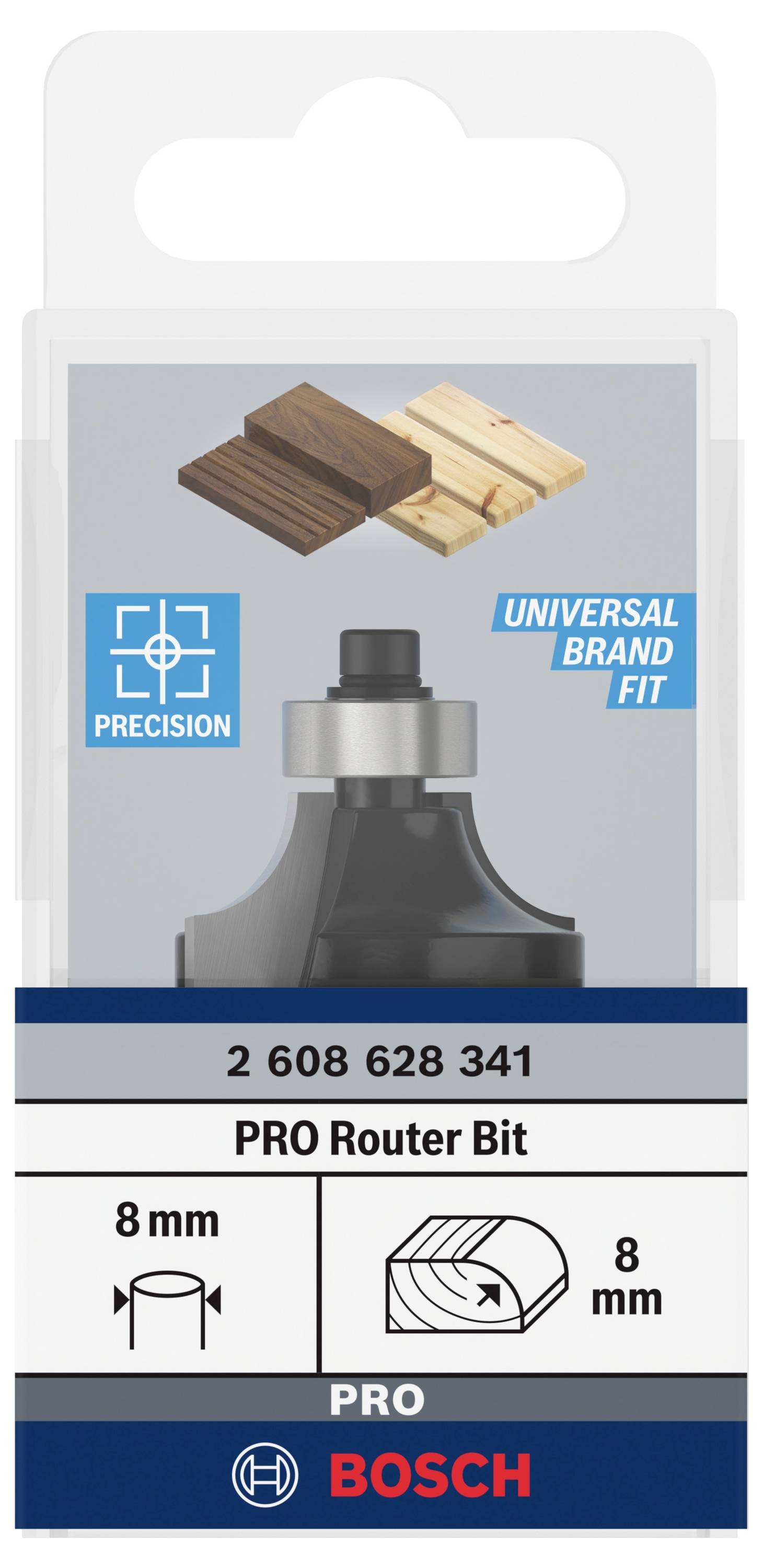 Verpackung eines Bosch PRO Fräserbits, 8 mm, präzise, passend für Universalgeräte, zeigt Holzscheiben in zwei Farben.