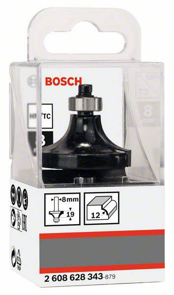 Verpackter Bosch-Fräser mit 8 mm Schaft für Holzbearbeitung. Veranschaulicht Produktinformation und Anwendungsskizze auf der Packung.