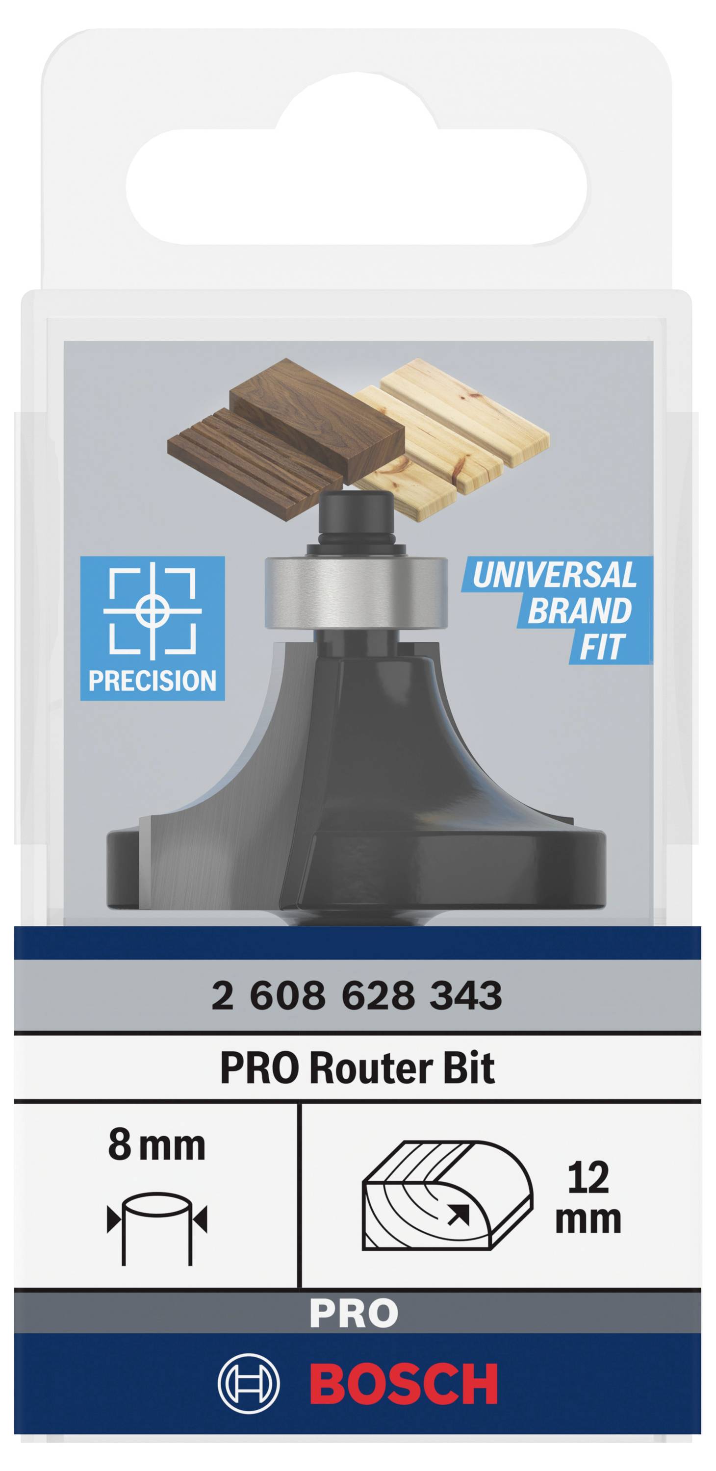'PRO Router Bit' von Bosch, mit 8 mm Schaftdurchmesser und 12 mm Schnittbreite, geeignet für präzise Holzarbeiten.