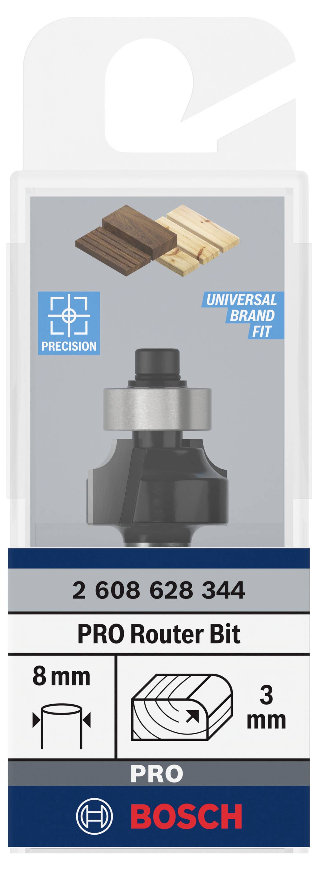 Fräser von Bosch für präzises Arbeiten mit universeller Passform, geeignet für 8 mm und 3 mm Anwendungen.