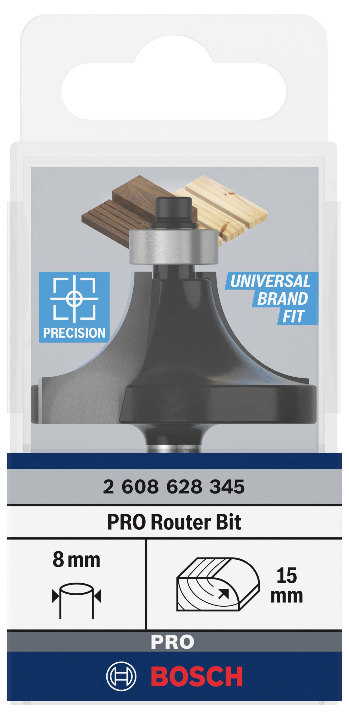 Packung mit einem Fräseraufsatz für Oberfräsen. Text: 'PRO Router Bit', Durchmesser 8 mm, Arbeitshöhe 15 mm. Markenname: Bosch.