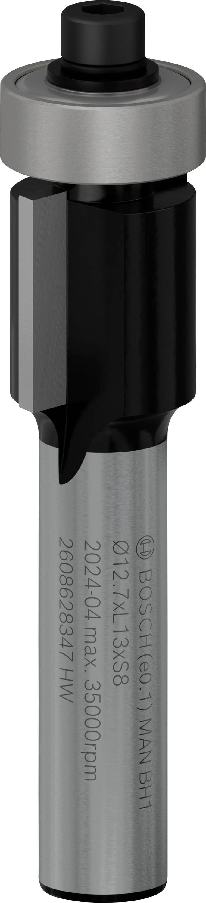 Fräser, zylindrische Form, aus Metall mit schwarzer Spitze und grauem Schaft, oft verwendet für präzises Bohren oder Fräsen in der Holzbearbeitung.