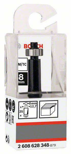 Ein Fräser mit 8 mm Durchmesser in einer transparenten Bosch-Verpackung. Das Etikett zeigt '8 mm' und Illustrationen des Produkts.