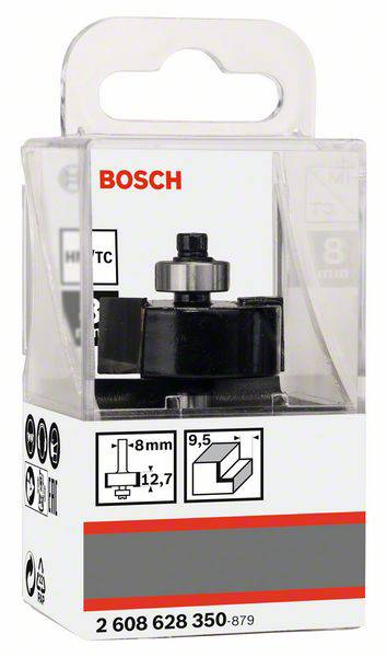 Verpackung für einen Bosch-Fräser mit der Aufschrift '8 mm 12,7 mm'. Enthält Bild des Fräsers und Symbole für Anwendungsbereiche.