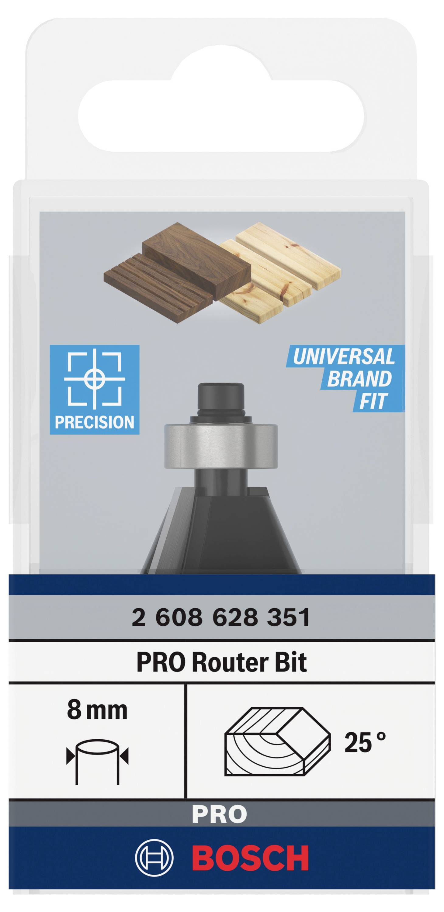 Verpackung eines Bosch Pro Fräsers, 8 mm, 25 Grad, geeignet für Holzarbeiten. Beinhaltet Präzisionssymbol und Universalkompatibilitätslogo.