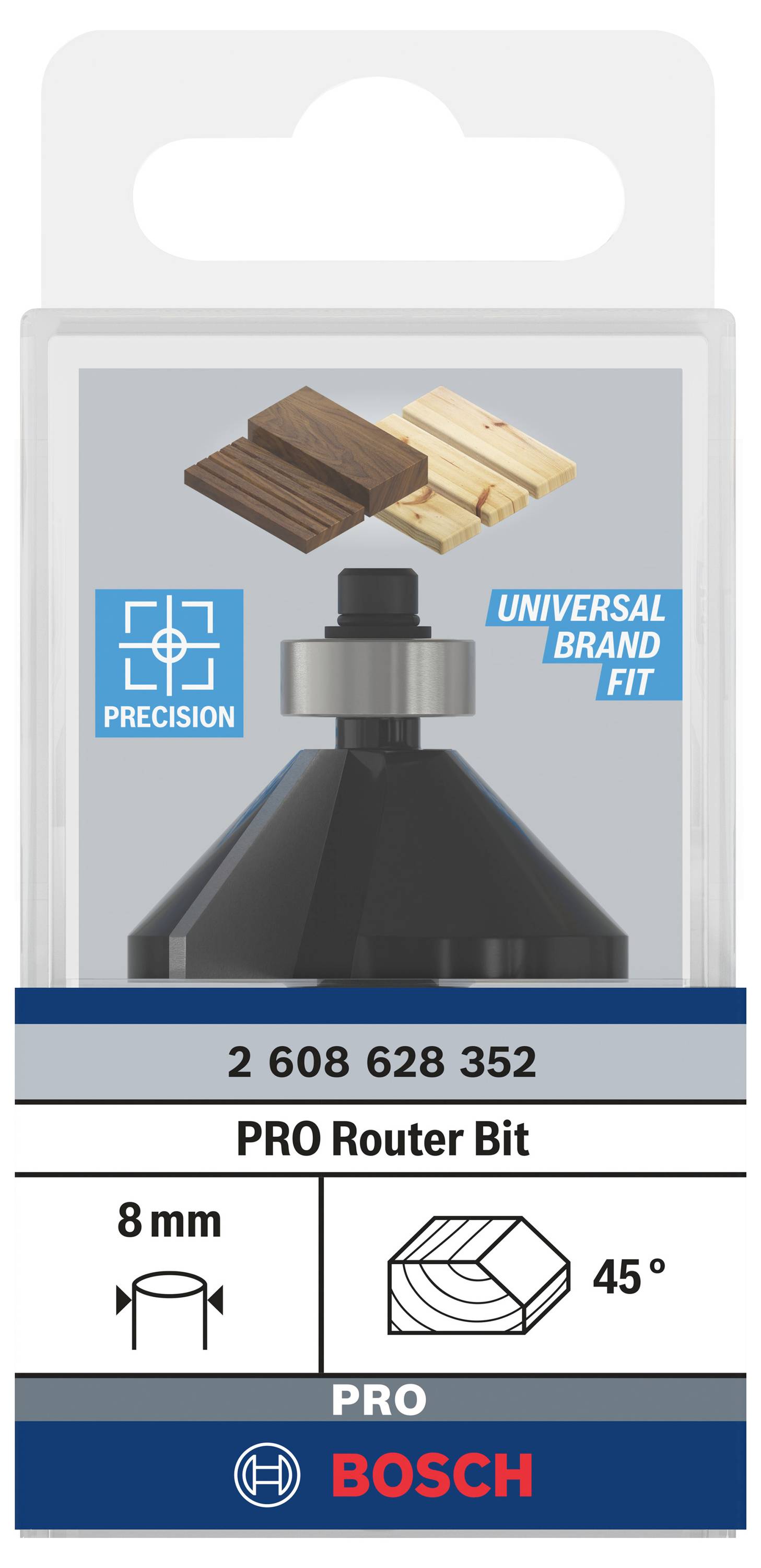 Routerfräser von Bosch mit 8 mm Durchmesser und 45° Schneidewinkel. Geeignet für präzises Fräsen in Holz. Universal Brand Fit.