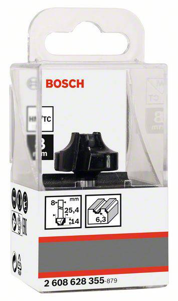 Verpackung eines Bosch-Fräsers mit Produktnummer 2 608 628 355-879, geeignet für Holzbearbeitung. Enthält Spezifikationen und Abmessungen.