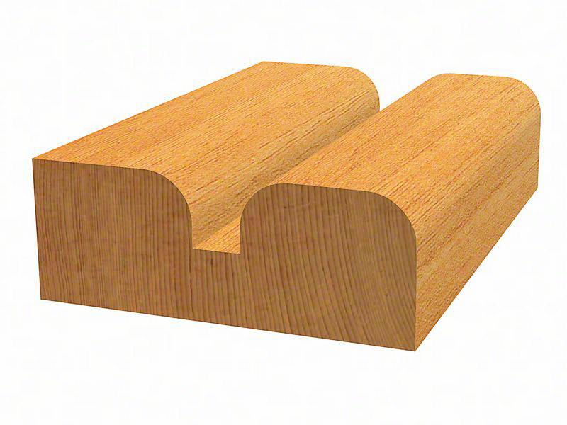 Holzprofil mit zwei abgerundeten Kanten und einer Einbuchtung in der Mitte. Ideal für Tischlerarbeiten oder Holzverbindungen.