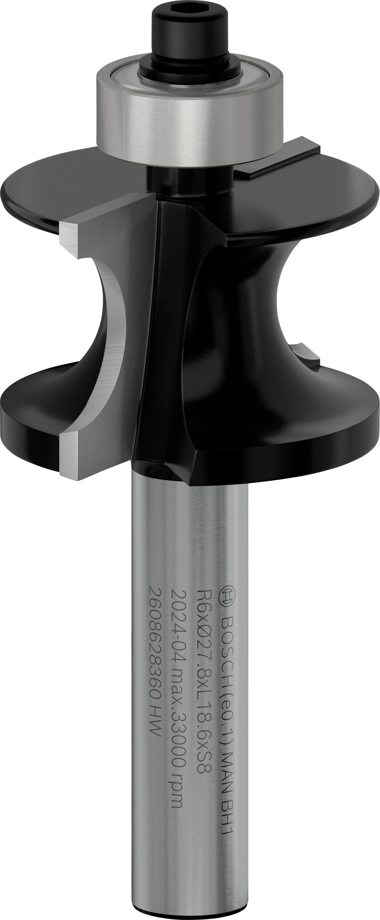 Fräser mit kugelgelagerter Führungsrolle und scharfen Klingen zur Holzbearbeitung, geeignet für Profil- und Kantenfräsarbeiten.