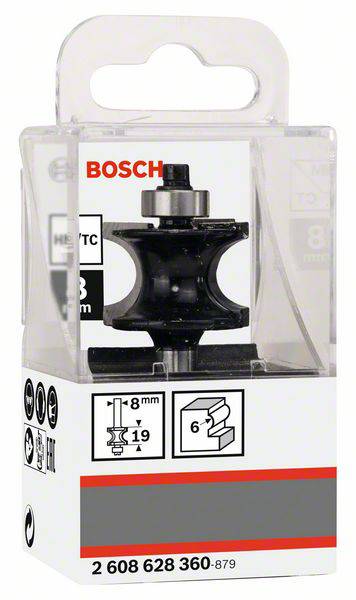 Dübelkasten von Bosch mit einem 8 mm Nutfräser. Verpackung zeigt Werkzeugdetails und Anwendungen für präzises Fräsen.