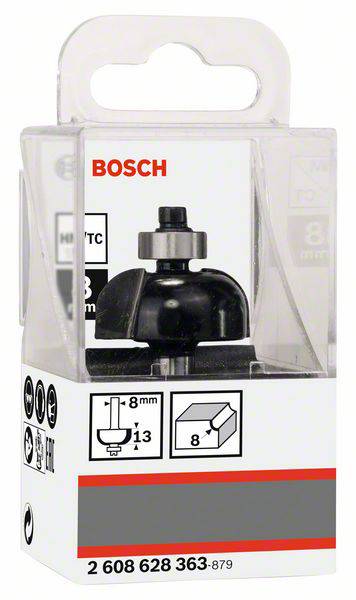 Verpackung eines Bosch Fräsers mit 8 mm Durchmesser. Abgebildet sind Werkzeugdetails und ein Anwendungsbeispiel als Symbol.