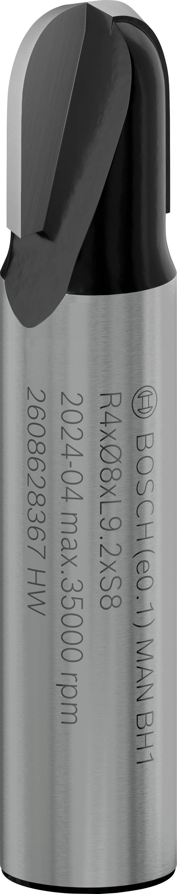 Grauer zylindrischer Metallfräser mit zwei Schneiden, verwendet für präzises Bohren und Fräsen in Metall; graviert mit Daten.