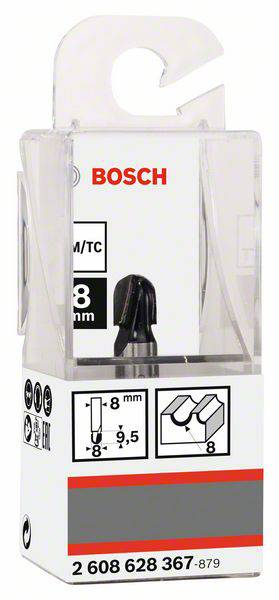 'Bosch' Fräser-Display in Verpackung, zeigt einen 8mm-Schneidfräser. Verpackung betont die Marke und Größe des Werkzeugs.