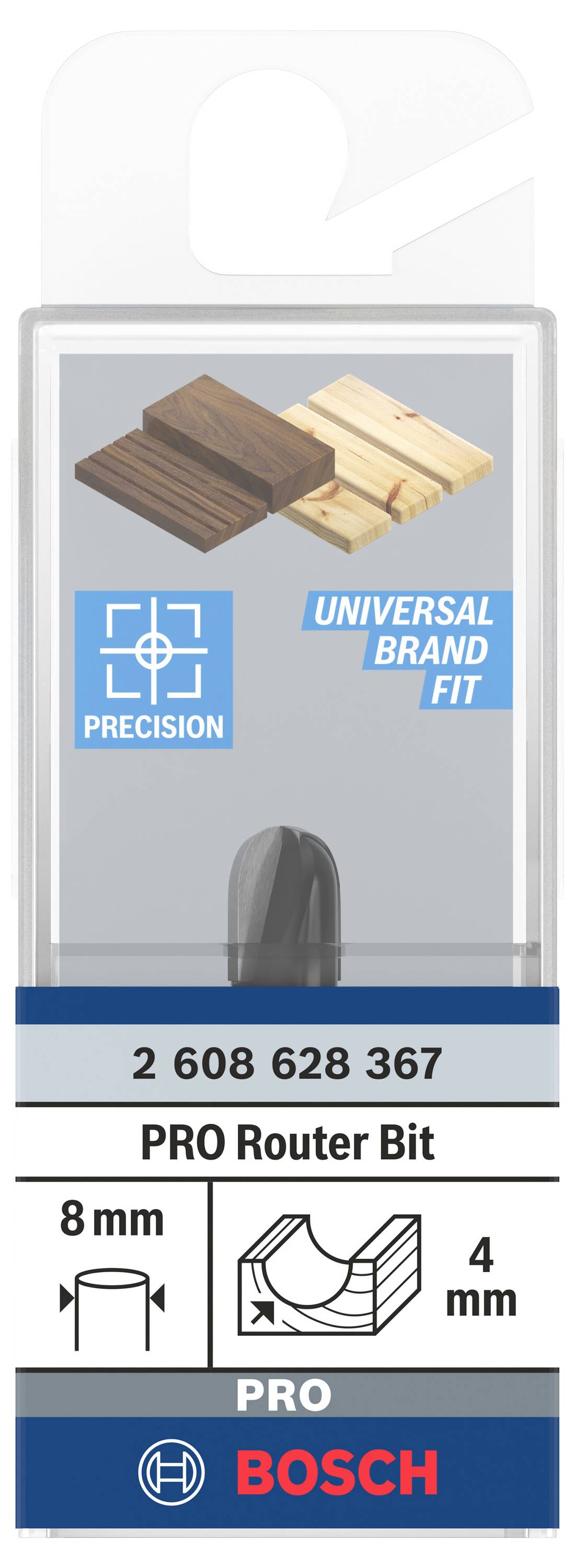 Verpackung eines Bosch PRO Fräsers, geeignet für verschiedene Holzarten. Durchmesser 8 mm, Schnittlänge 4 mm. Präzision und universelle Passform.
