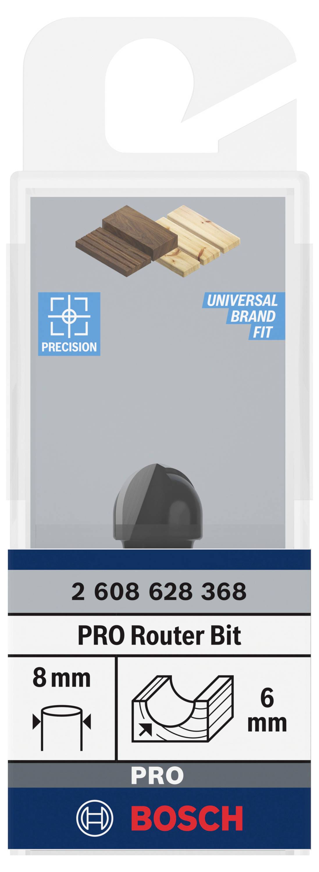 Schneidkopf eines PRO Fräsers abgebildet. Etikett zeigt 'Bosch' Logo, passt für universelle Markenhalterungen. Größe: 8 mm, 6 mm.