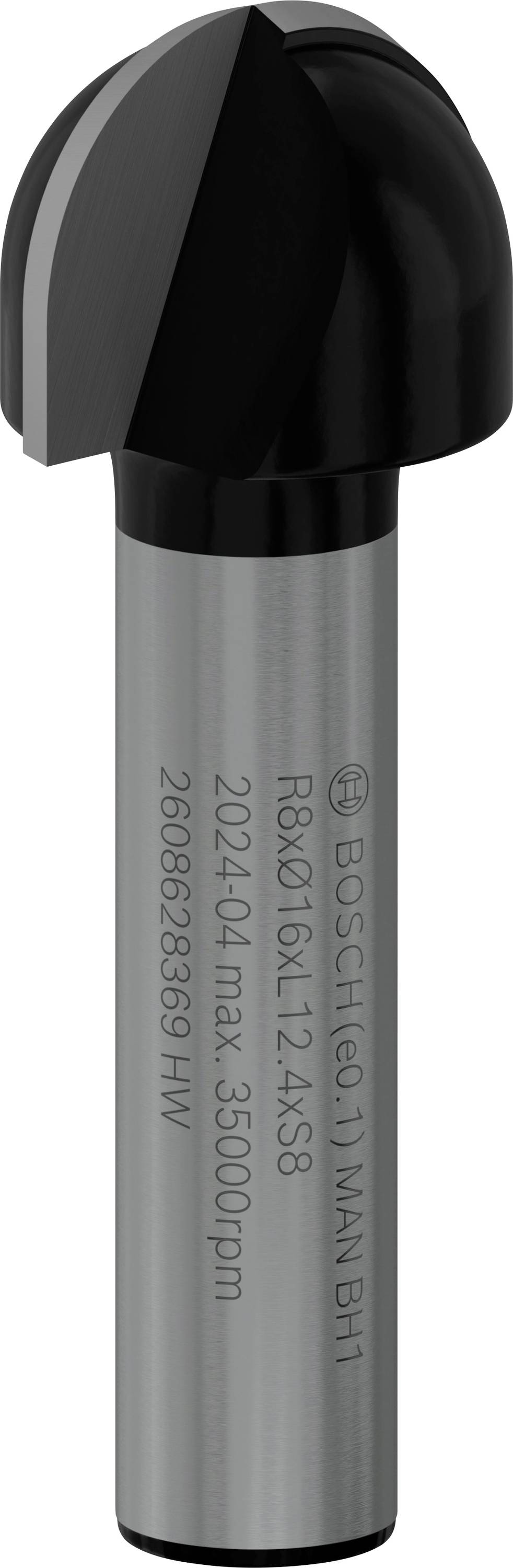 Bild eines Fräsers von Bosch. Details auf der Oberfläche lesen: R8x10K, 12.4xS8, 2024/04, max. 35000 rpm, 2 608 628 369 HW.