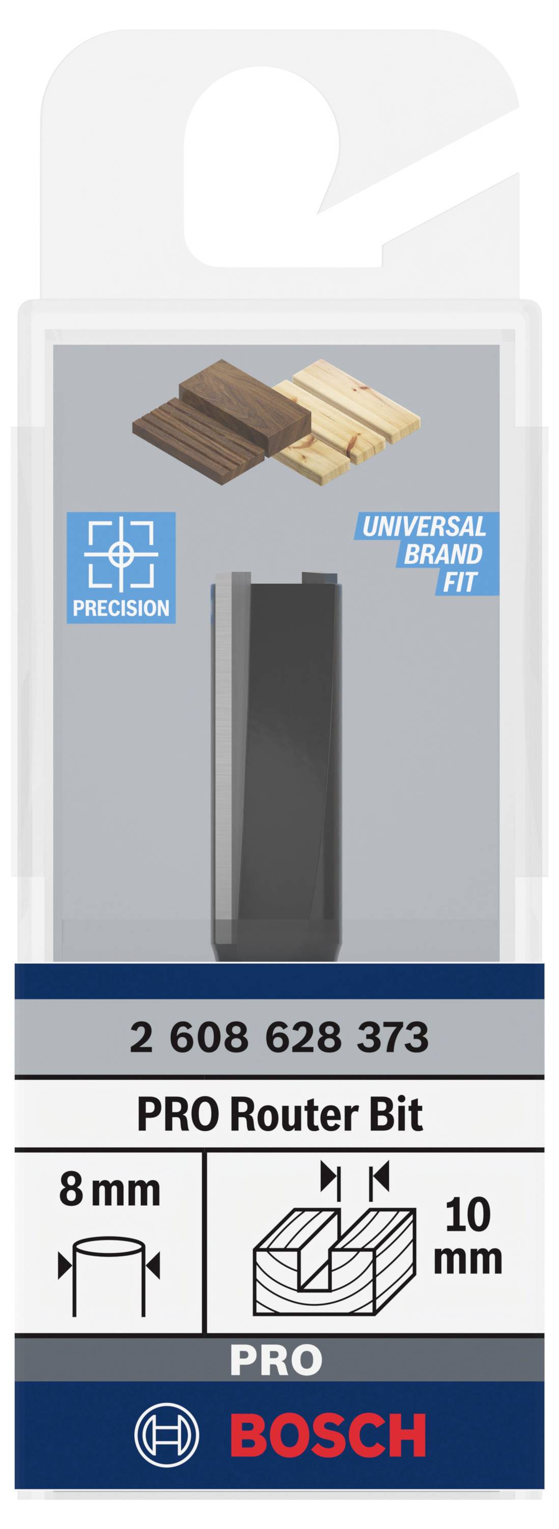 Fräser in Verpackung mit Aufschrift: 'PRO Router Bit', geeignet für Holz, 8 mm Durchmesser, 10 mm Schnitttiefe. Markenlogo unten.