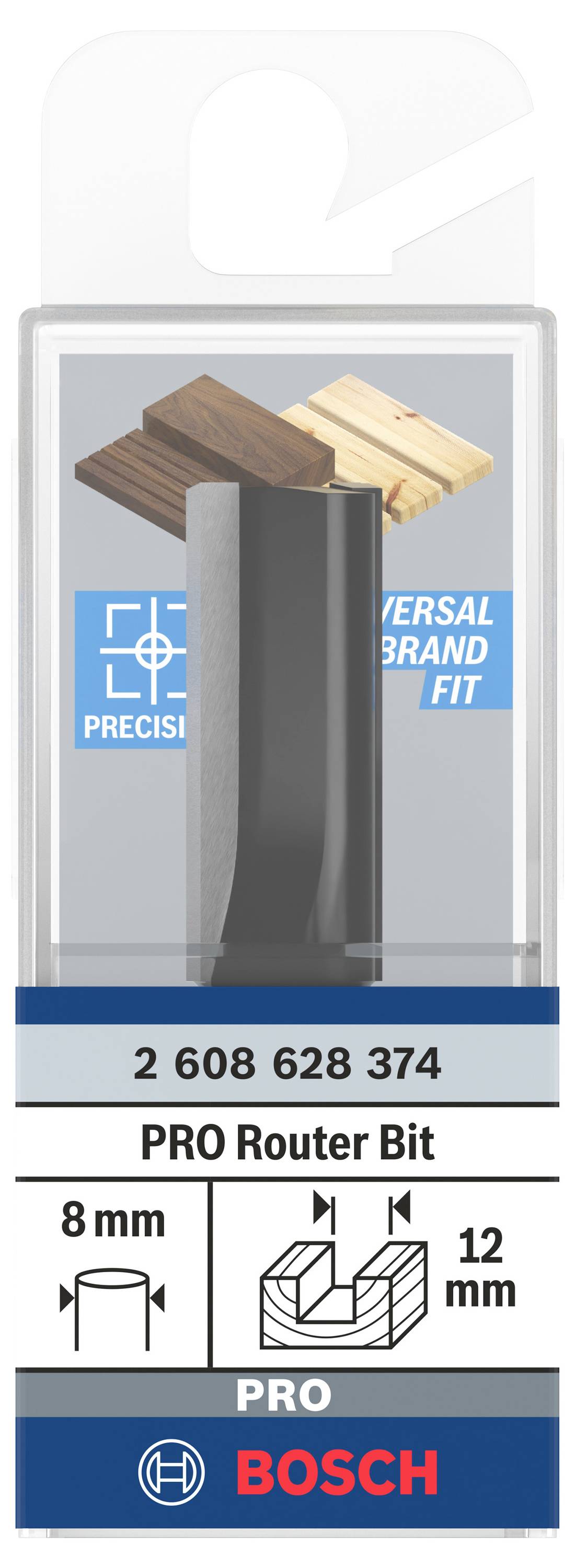 Eine Bosch PRO Fräserbit-Verpackung. Zeigt einen Fräser mit 'Universal Brand Fit'. Größen: Durchmesser 8 mm, Schneidehöhe 12 mm.