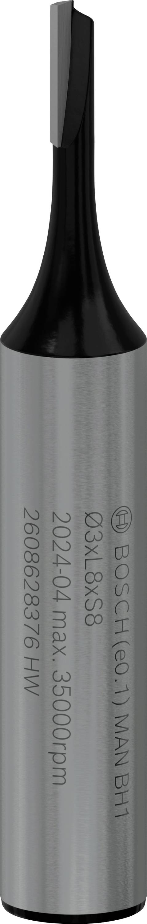 Fräser mit zylindrischem Schaft und Schneidkopf aus Metall, geeignet für präzise Bohr- und Fräsarbeiten. Gravierte technische Details.