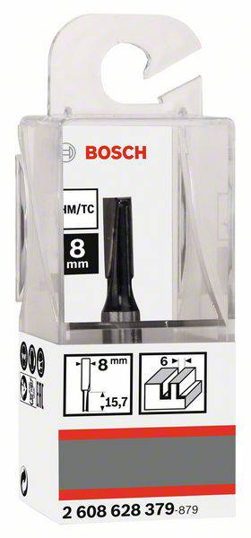 Verpackung einer Bosch Fräserklinge, 8 mm Durchmesser, mit Schnittzeichnung und Produktnummer 2 608 628 379-879.
