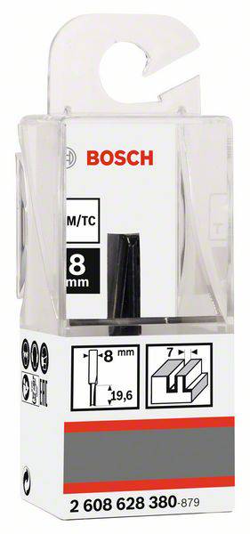 Verpackung eines Bosch 8 mm Fräsers mit Abbildungen zur Nutzung und Produktnummer 2 608 628 380-879. Transparentes Etui mit Haken.
