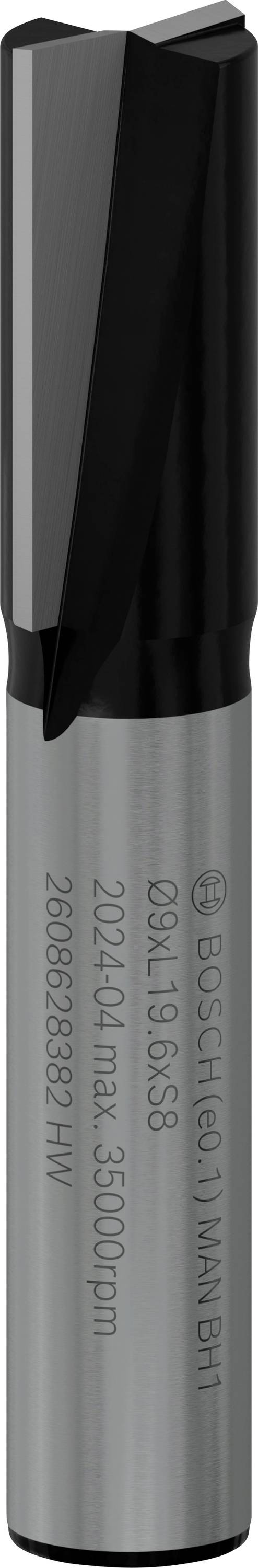 Ein grauer Fräser mit scharfen Kanten, geeignet für präzise Schneidarbeiten in Metall oder Holz. Bosch-Logo und technische Spezifikationen sind sichtbar.