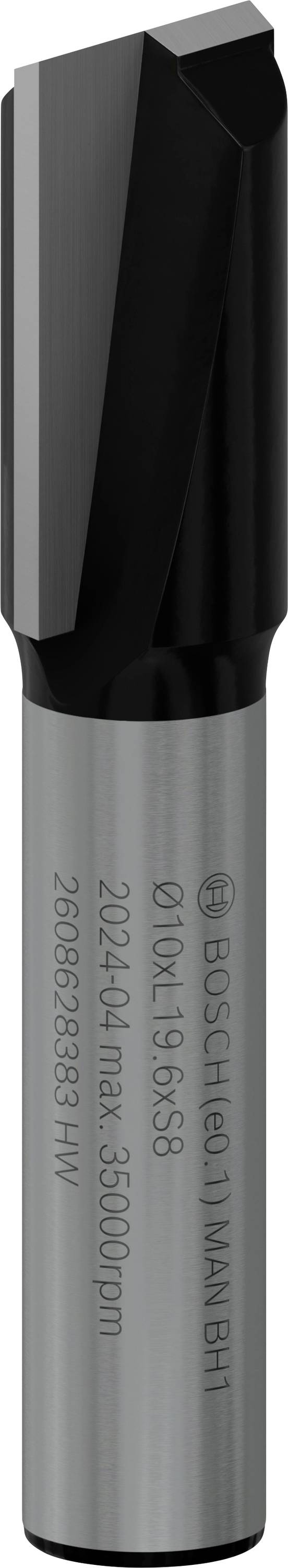Fräser mit zwei Schneidkanten aus Hartmetall, zylindrisches Design, grauer Korpus, schwarzer Schneidkopf, geeignet für max. 35.000 U/min.