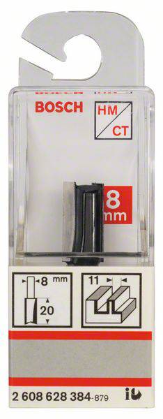 'Bosch' Fräserverpackung, 8 mm, geeignet für Holz. zeigt Fräser mit 8 mm Durchmesser und 20 mm Länge. Verpackung ist aus Kunststoff.