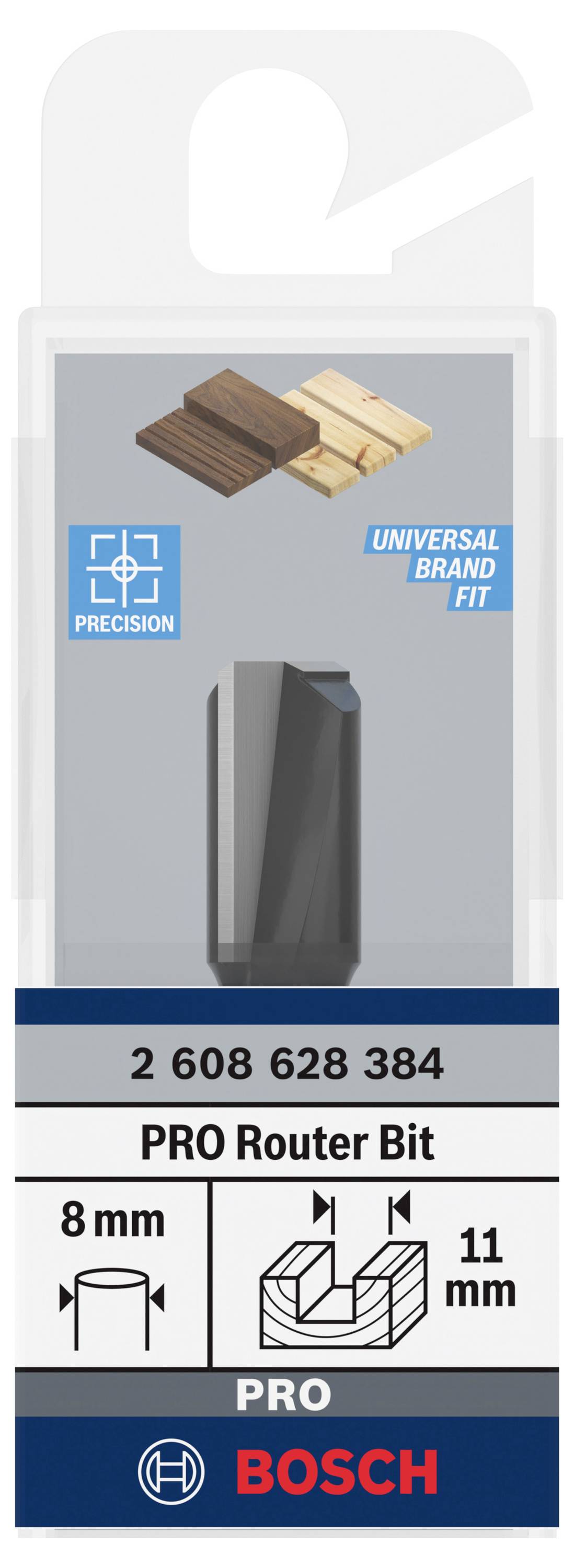'PRO Router Bit' von Bosch, geeignet für 8 mm Durchmesser und 11 mm Schnittlänge. Unterstützt universelle Passform und Präzision.
