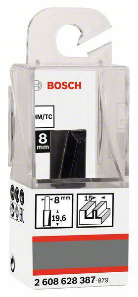 Verpackung für einen Bosch Fräsbohrer, 8 mm Durchmesser, mit technischem Diagramm und Maßen für Holzverarbeitung.