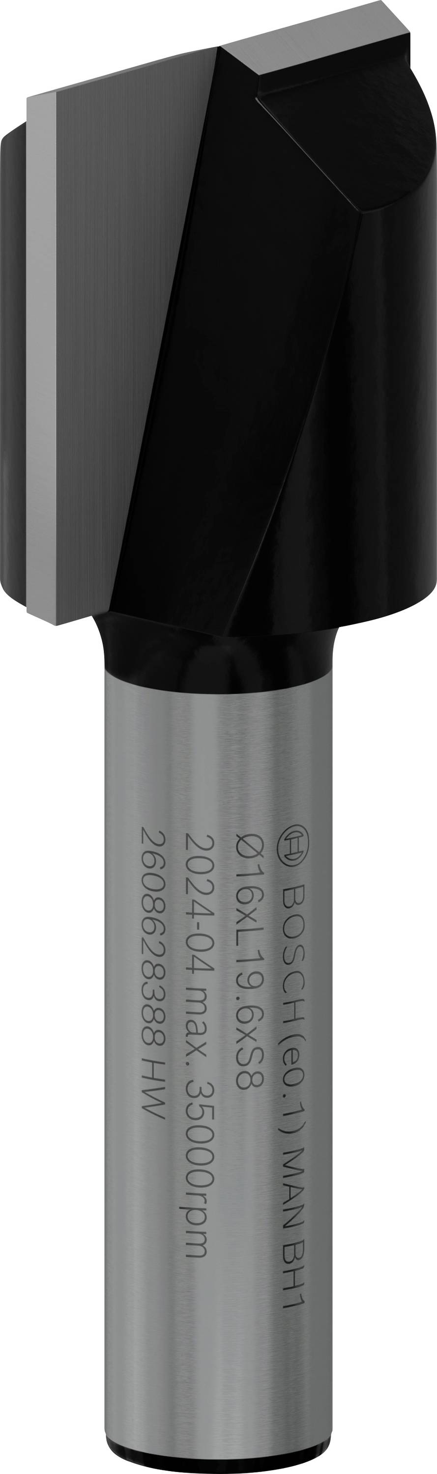 Ein Fräser mit silbernem Schaft und schwarzem Schneidkopf, geeignet für präzise Arbeiten in Holz- und Verbundmaterialien.