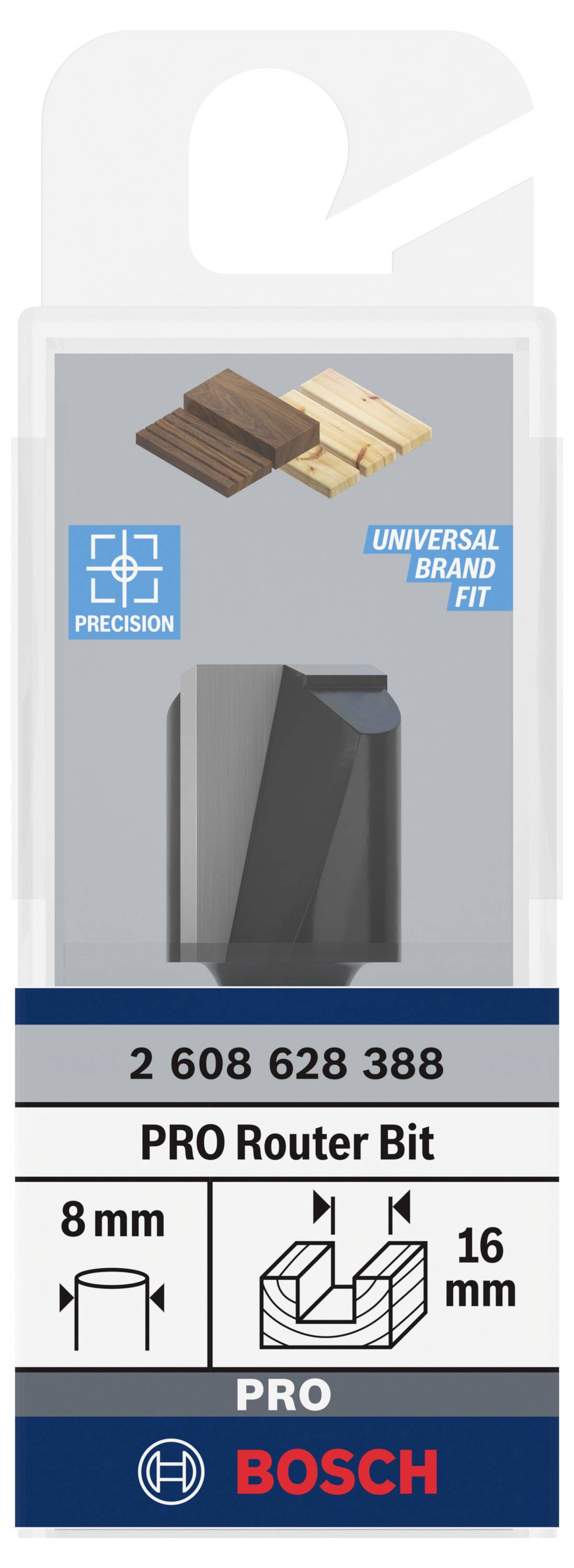 'Oberfräser' von Bosch, 8 mm Durchmesser, 16 mm Schnitttiefe, geeignet für Holz; Verpackung zeigt Fräser und Holzanwendung.