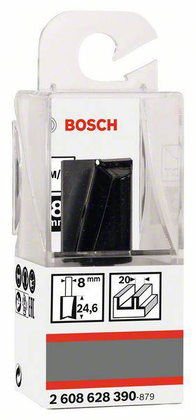 Bosch Packung mit Fräser, 8mm Durchmesser, geeignet für 20° Gehrung. Verpackung zeigt Produktabbildung und Markenzeichen.