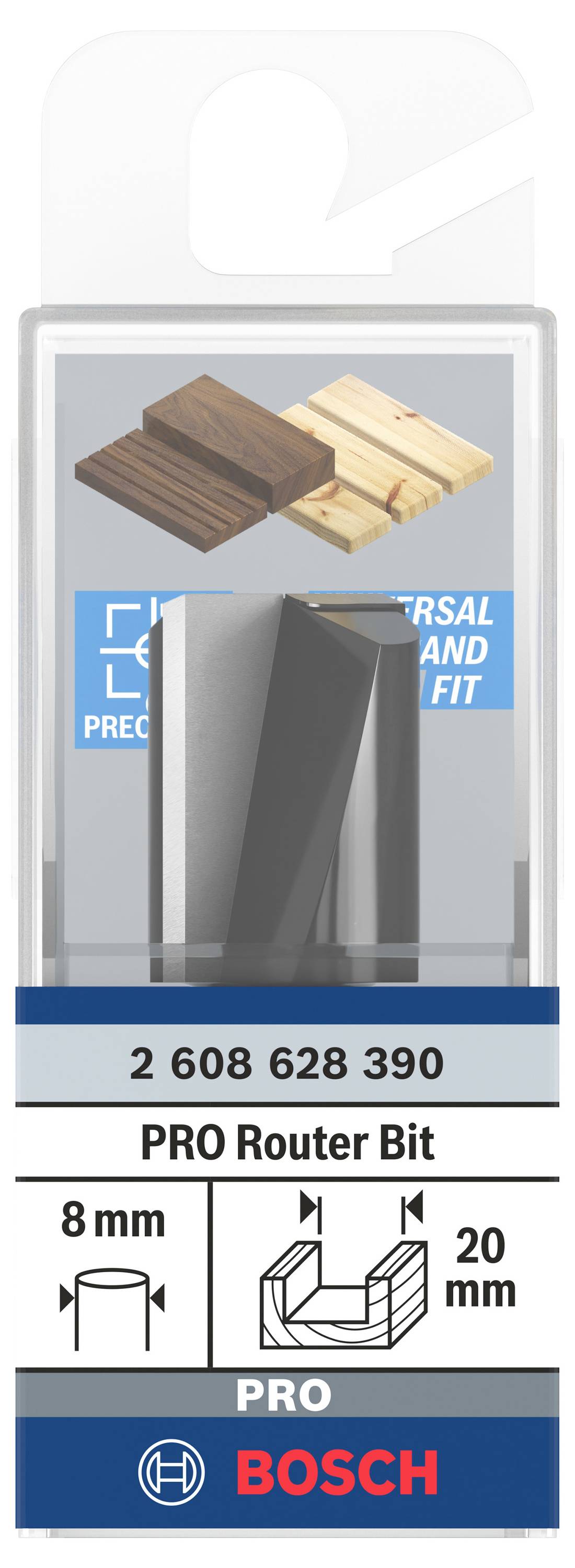 'Bosch PRO Fräsbohrer' Verpackung, zeigt 8 mm Fräser für Holzbearbeitung. Geeignet für präzises Fräsen von Holzarten wie Eiche und Kiefer.