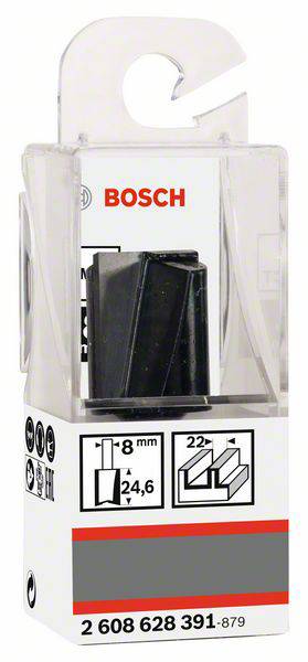 Verpackung eines Bosch-Fräsers mit 8 mm Durchmesser. Enthält Abbildungen und technische Details zum Werkzeug, geeignet für Holzbearbeitung.